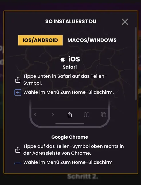 Wild Tokyo App: Installationsdialog „So installierst du“ mit Anleitung für iOS (Safari, Google Chrome)