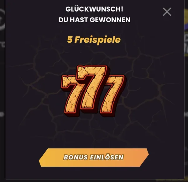 Wild Tokyo Freispiele: Gewinn-Dialog des Glücksrads „Glückwunsch! Du hast gewonnen – 5 Freispiele“ mit Button „Bonus einlösen“