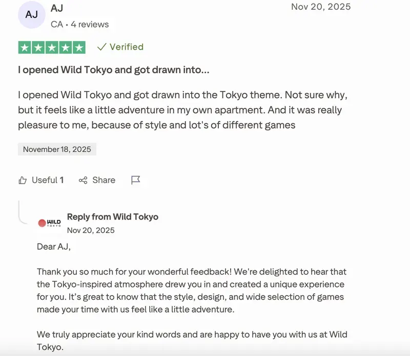 Trustpilot-Bewertung von AJ zu Wild Tokyo: 5 von 5 Sternen, „I opened Wild Tokyo and got drawn into…“, 20. November 2025