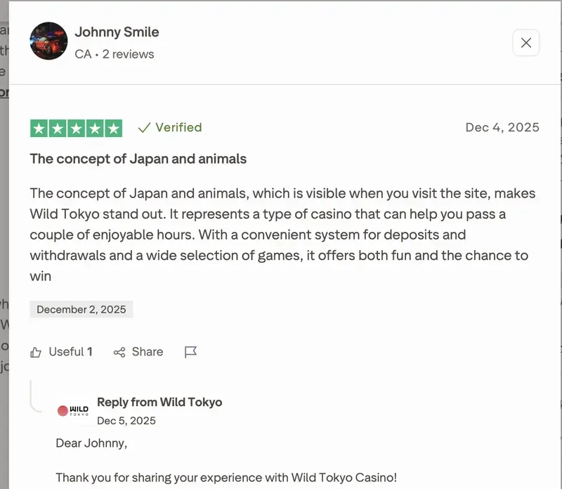 Trustpilot-Bewertung von Johnny Smile zu Wild Tokyo: 5 von 5 Sternen, „The concept of Japan and animals“, 4. Dezember 2025