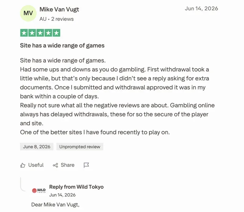 Trustpilot-Bewertung von Mike Van Vugt zu Wild Tokyo: 5 von 5 Sternen, „Site has a wide range of games“, 14. Juni 2026