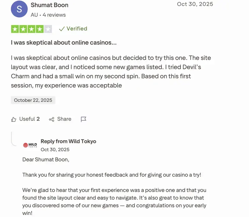 Trustpilot-Bewertung von Shumat Boon zu Wild Tokyo: 4 von 5 Sternen, „I was skeptical about online casinos…“, 30. Oktober 2025