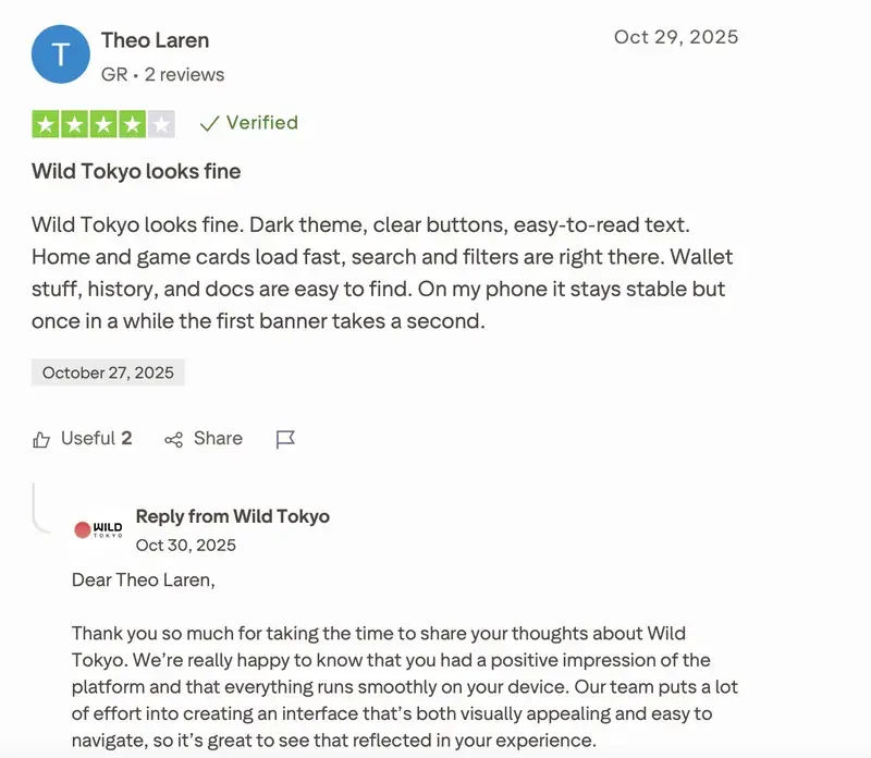 Trustpilot-Bewertung von Theo Laren zu Wild Tokyo: 4 von 5 Sternen, „Wild Tokyo looks fine“, 29. Oktober 2025