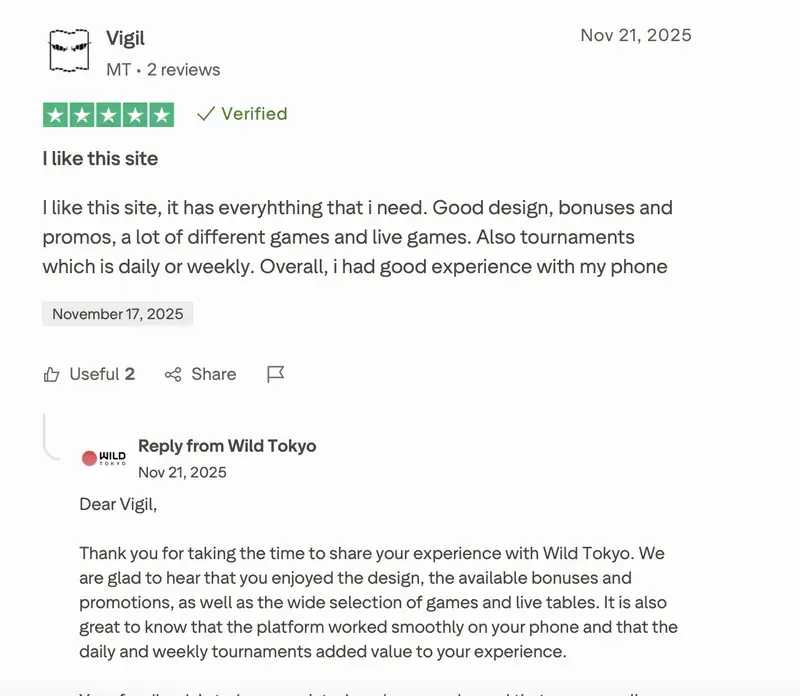 Trustpilot-Bewertung von Vigil zu Wild Tokyo: 5 von 5 Sternen, „I like this site“, 21. November 2025